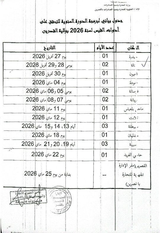 جدول بياني لبرمجة الدورة السنوية للتحقق على أدوات القيس لسنة 2026 بولاية القصرين